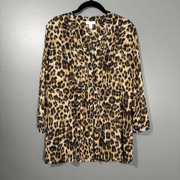 Charter Club Women's Leopard Print Button Front Blouse - Size Medium - Pleated - Picture 1 of 6